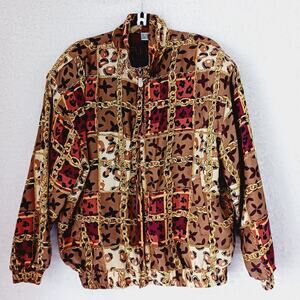 Jacket FUDA International Zipper Women VTG Silk Pockets Bomber Chain Brown Sz L